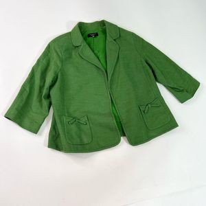 Talbots Linen Blend Open Front Blazer Womens 16W Lime Green Double Pocket Ribbon